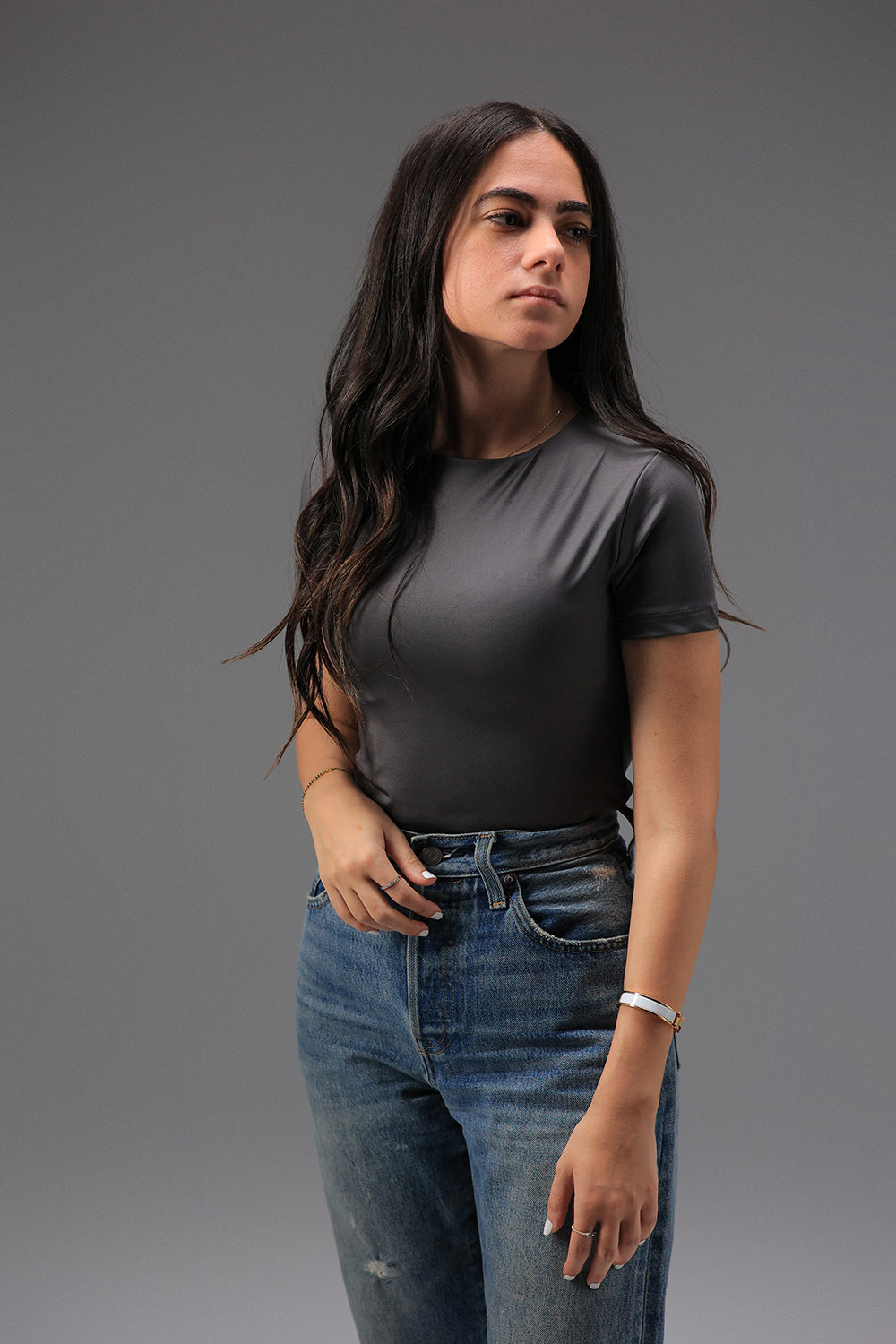 Women’s Charcoal Essential Crewneck Short Sleeve Top – Lightweight Soft Stretch Basic, Made in Egypt