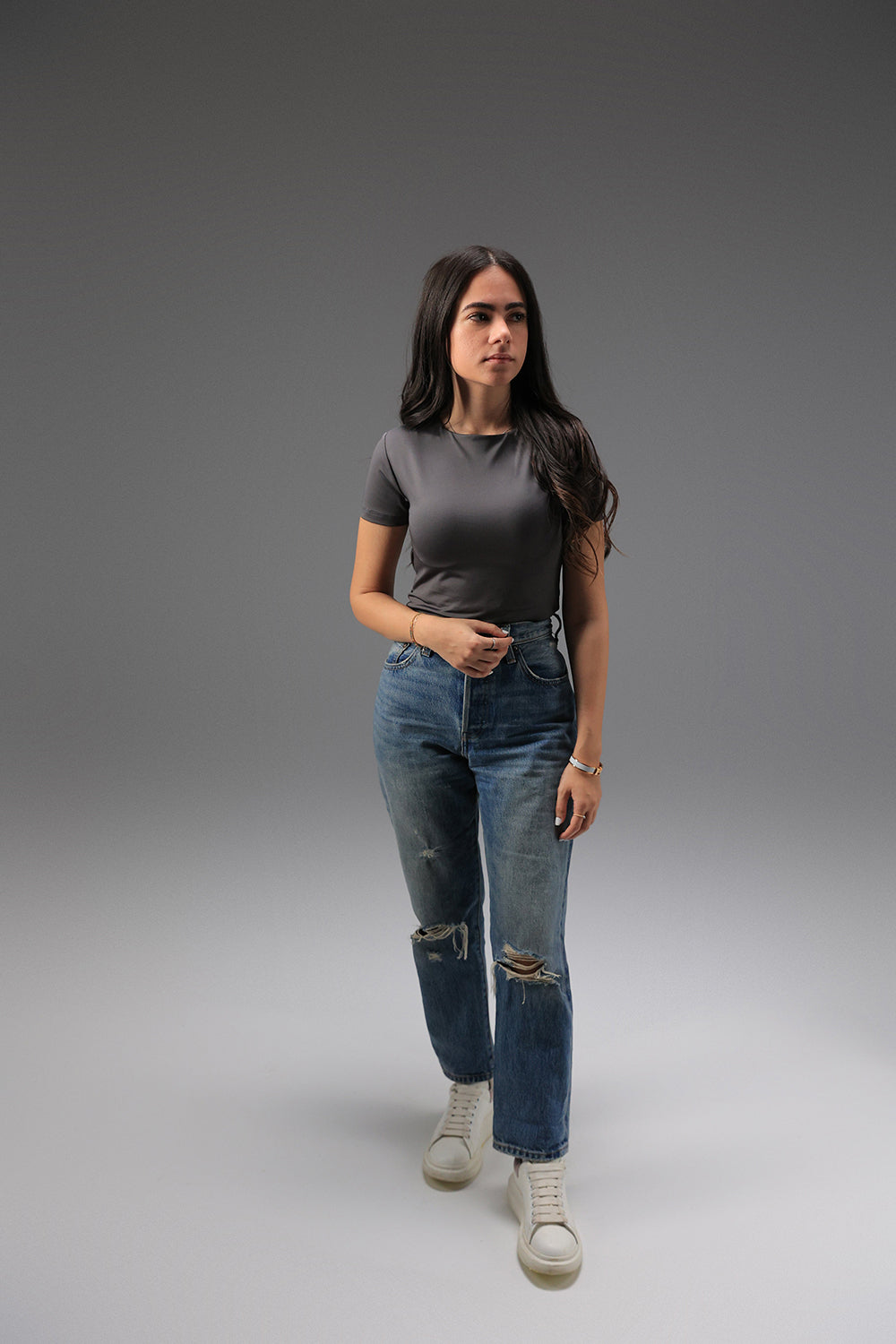 Women’s Charcoal Essential Crewneck Short Sleeve Top – Lightweight Soft Stretch Basic, Made in Egypt