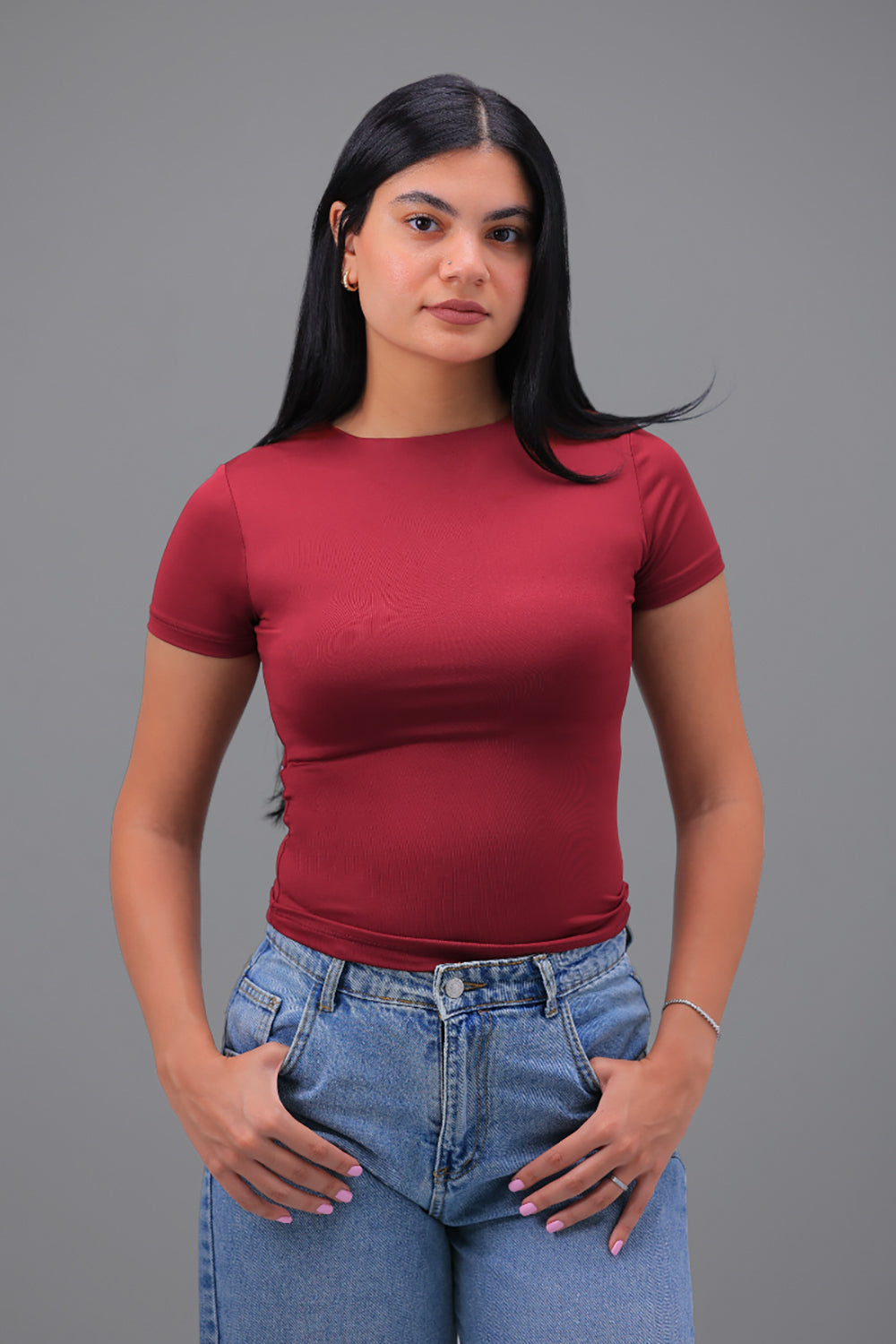 Women’s Maroon Essential Crewneck Short Sleeve Top – Lightweight Soft Stretch Basic, Made in Egypt