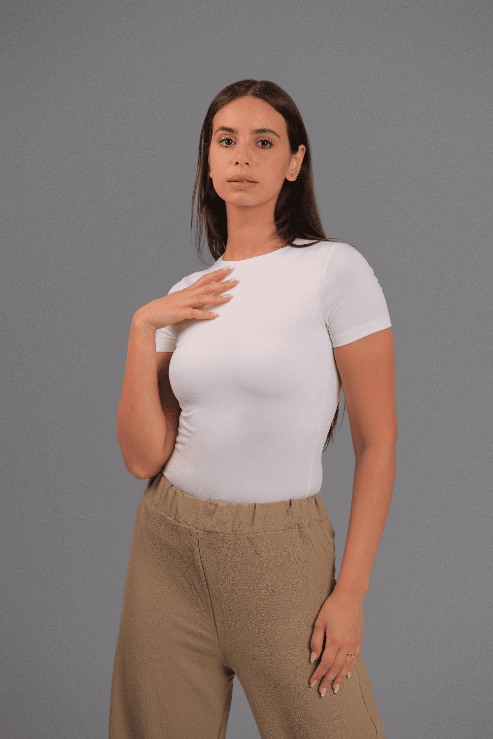 Women’s Off-White Classic Crewneck Short Sleeve Top – Lightweight Soft Stretch Basic, Made in Egypt