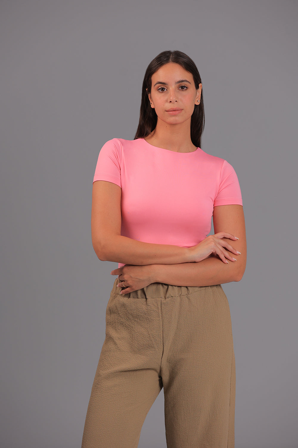 Women’s Pink Essential Crewneck Short Sleeve Top – Lightweight Soft Stretch Basic, Made in Egypt