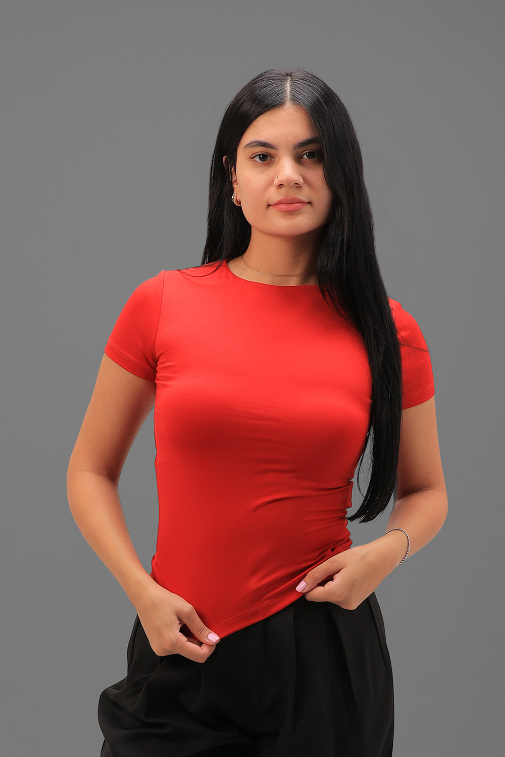 Women’s Red Essential Crewneck Short Sleeve Top – Lightweight Soft Stretch Basic, Made in Egypt