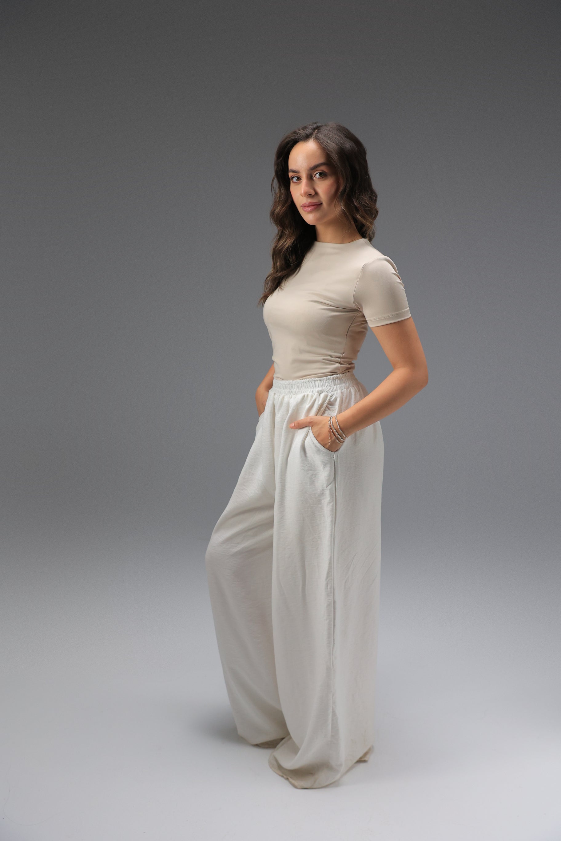 Women’s Beige Essential Crewneck Short Sleeve Top – Lightweight Soft Stretch Basic, Made in Egypt