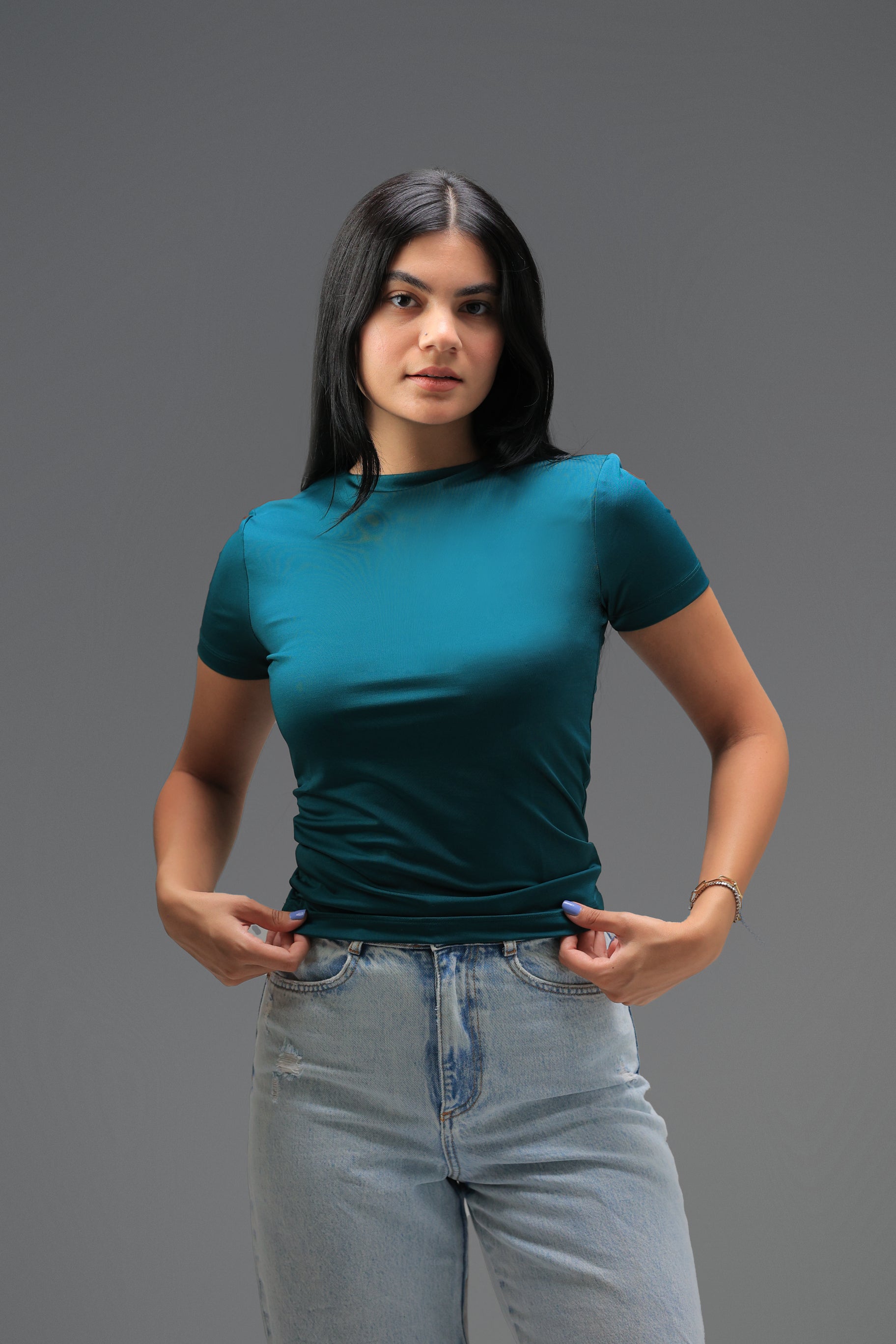 Women’s Teal Essential Crewneck Short Sleeve Top – Lightweight Soft Stretch Basic, Made in Egypt