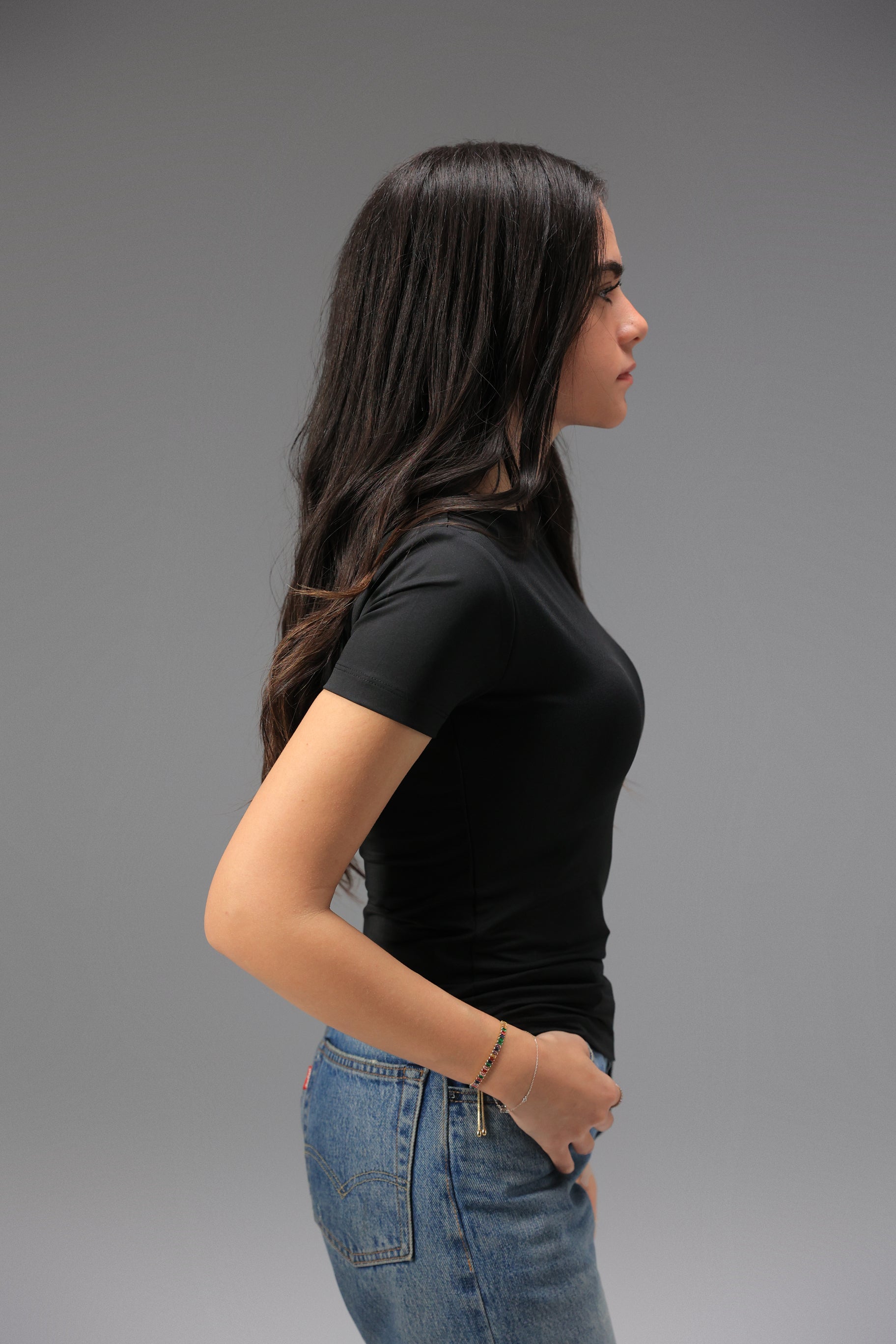 Women’s Black Essential Crewneck Short Sleeve Top – Lightweight Soft Stretch Basic, Made in Egypt