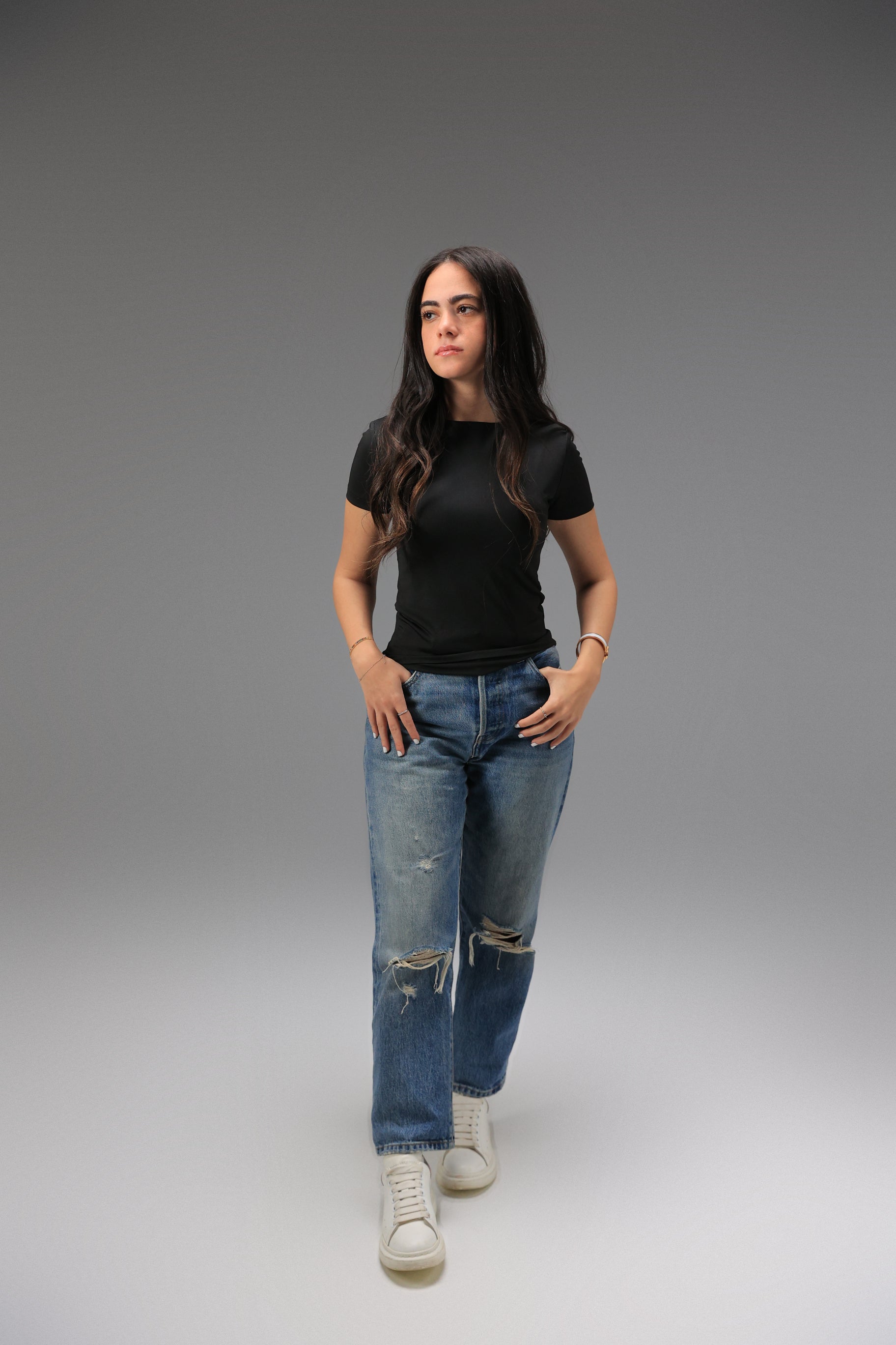 Women’s Black Essential Crewneck Short Sleeve Top – Lightweight Soft Stretch Basic, Made in Egypt