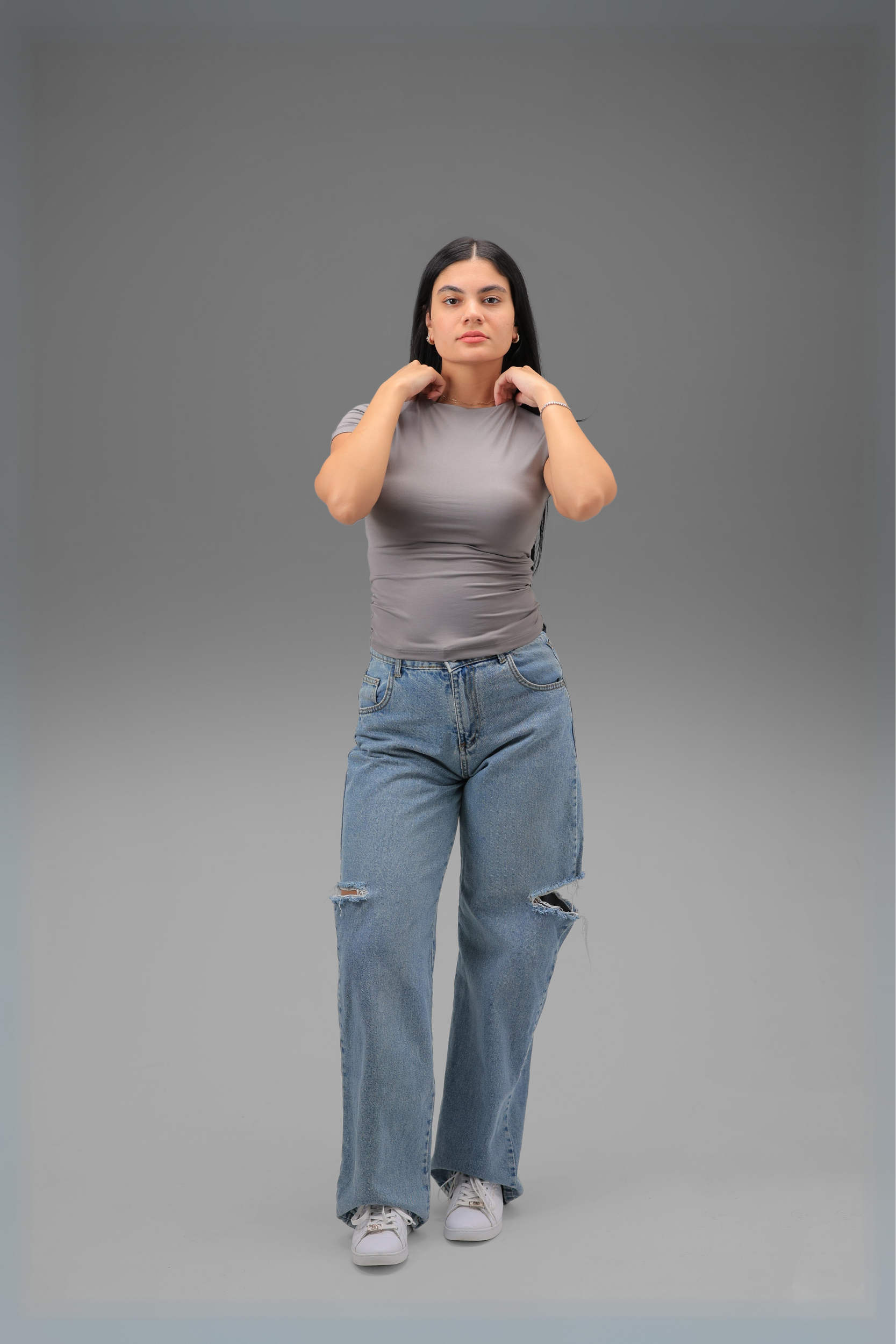 Women’s Grey Essential Crewneck Short Sleeve Top – Lightweight Soft Stretch Basic, Made in Egypt