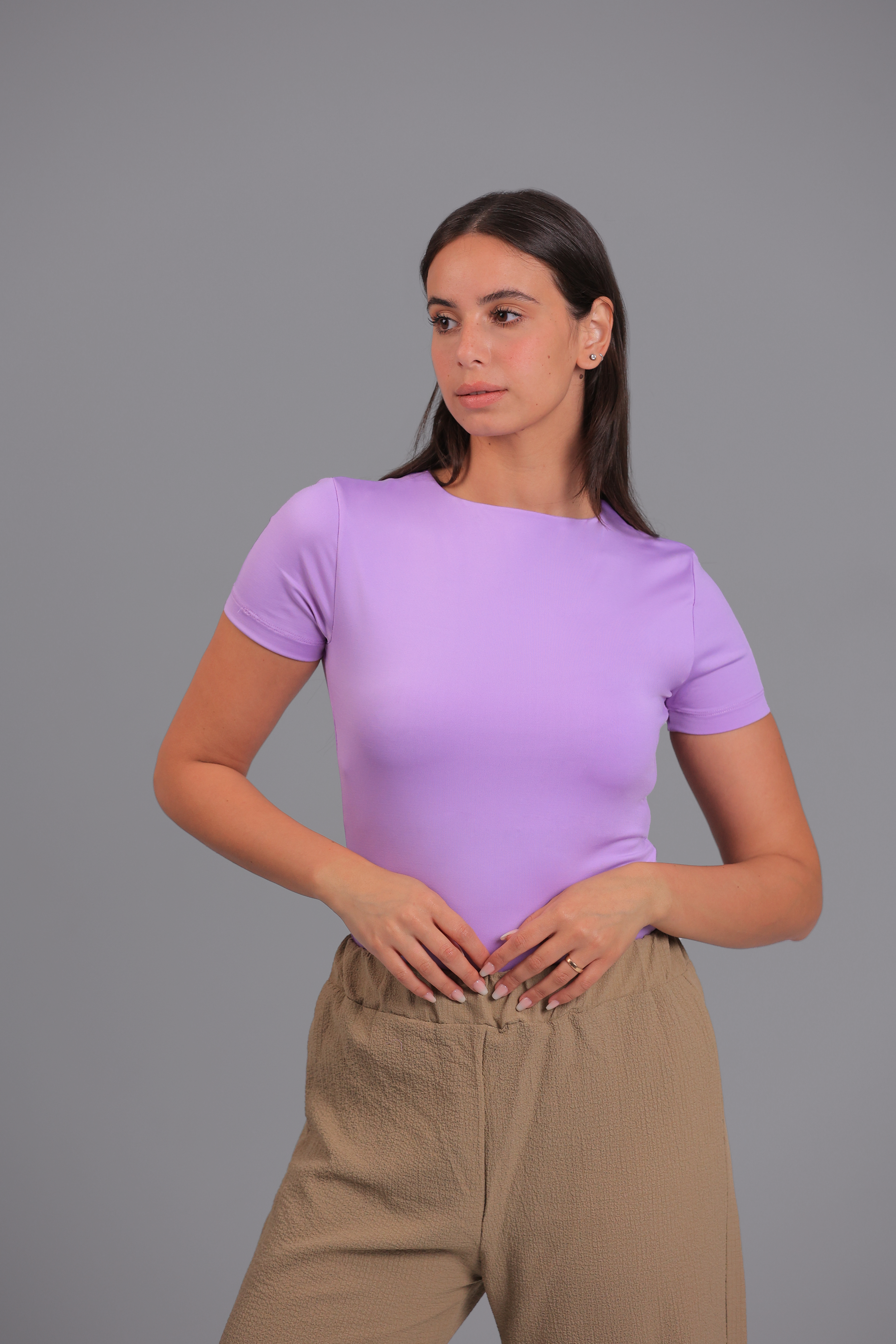 Women’s Lavender Essential Crewneck Short Sleeve Top – Lightweight Soft Stretch Basic, Made in Egypt