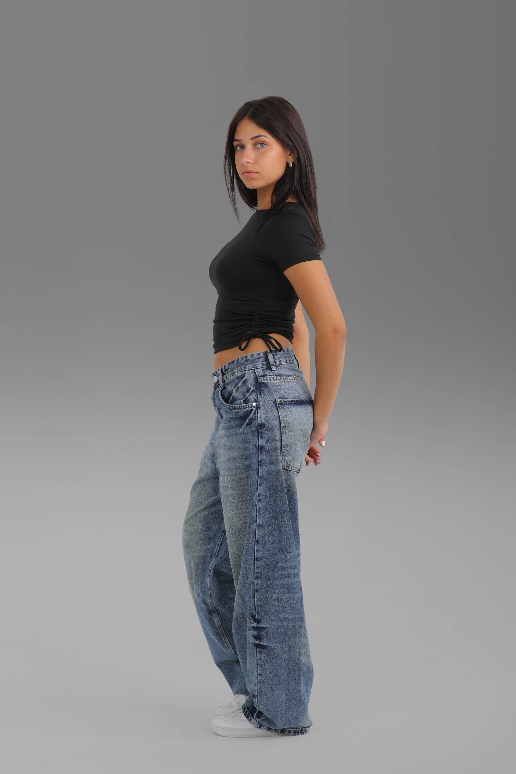 Women’s Black Gathered Half Sleeve Top with Side Ties – Lightweight Soft Stretch Basic, Made in Egypt