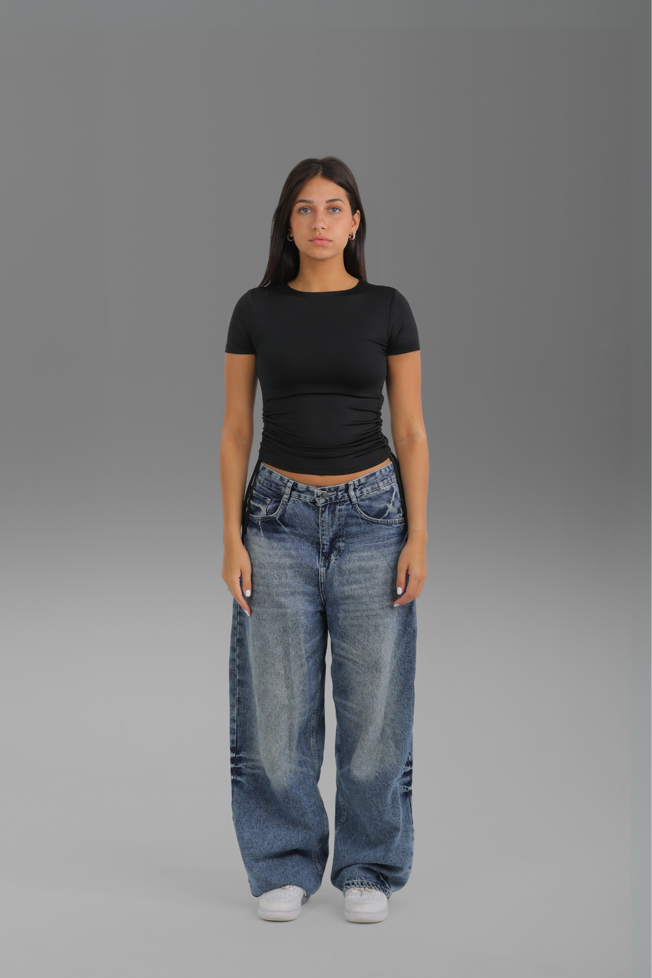 Women’s Black Gathered Half Sleeve Top with Side Ties – Lightweight Soft Stretch Basic, Made in Egypt