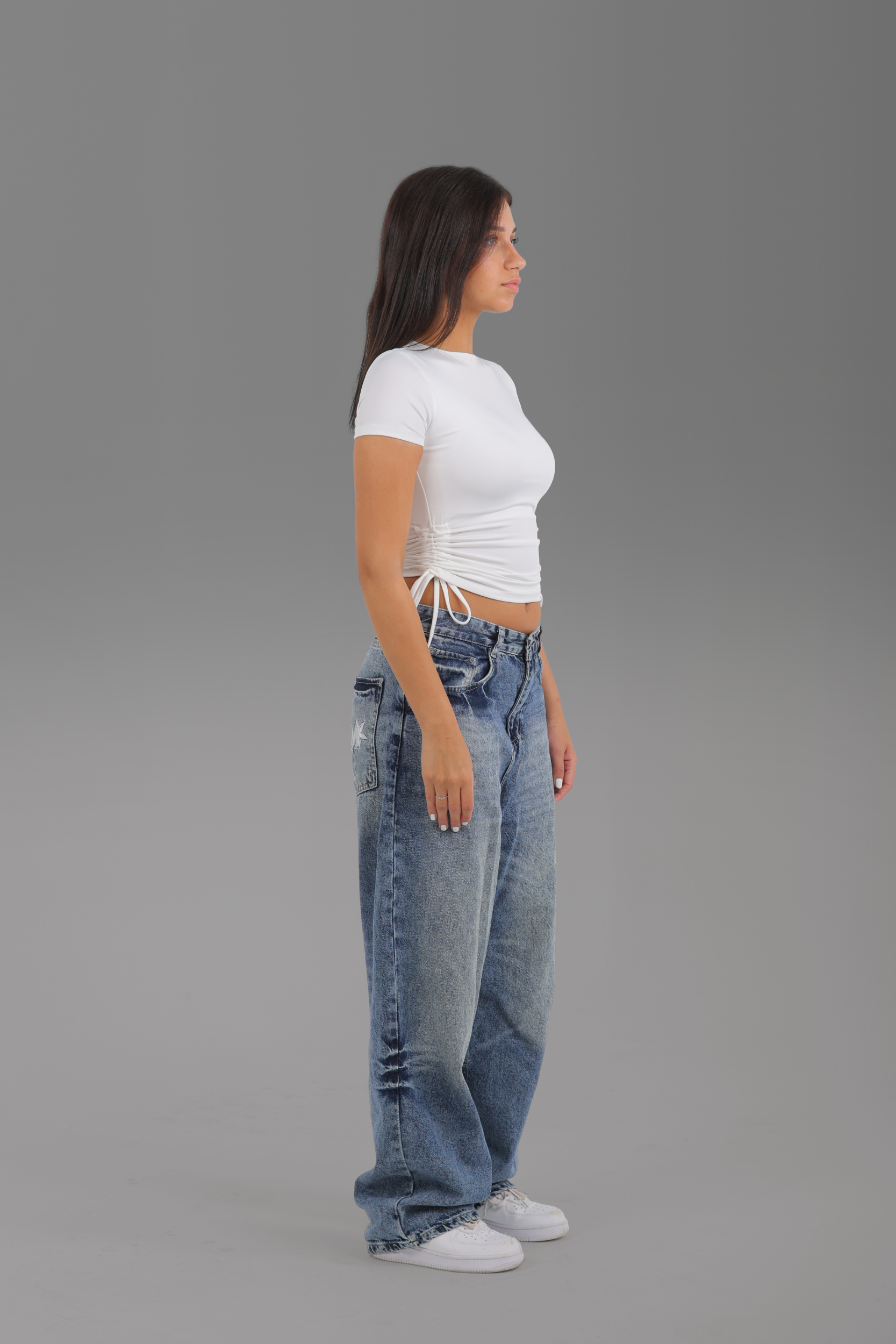 Women’s Off-White Gathered Half Sleeve Top with Side Ties – Lightweight Soft Stretch Basic, Made in Egypt