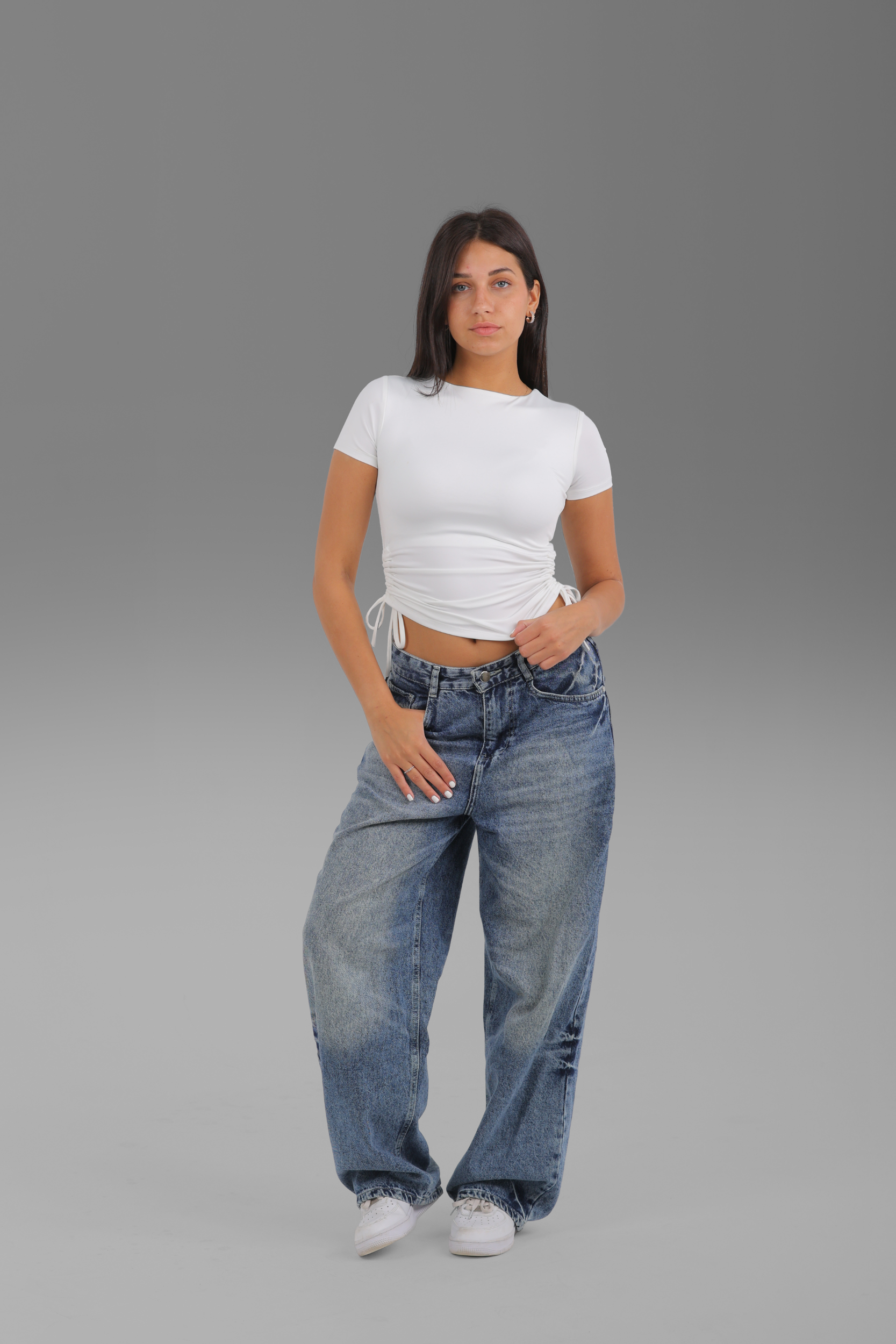 Women’s Off-White Gathered Half Sleeve Top with Side Ties – Lightweight Soft Stretch Basic, Made in Egypt