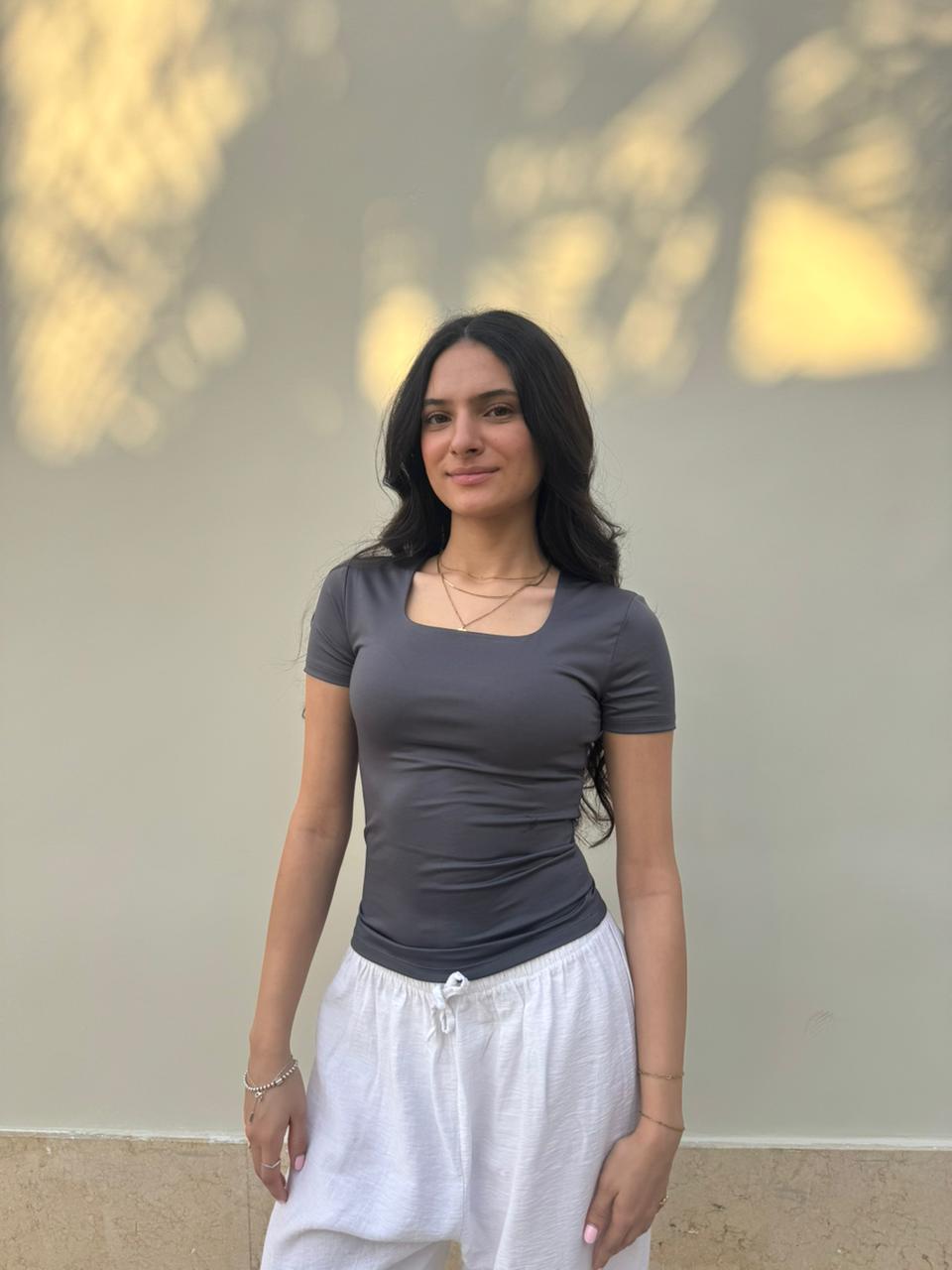 Square-Neck Short Sleeve Top - Charcoal