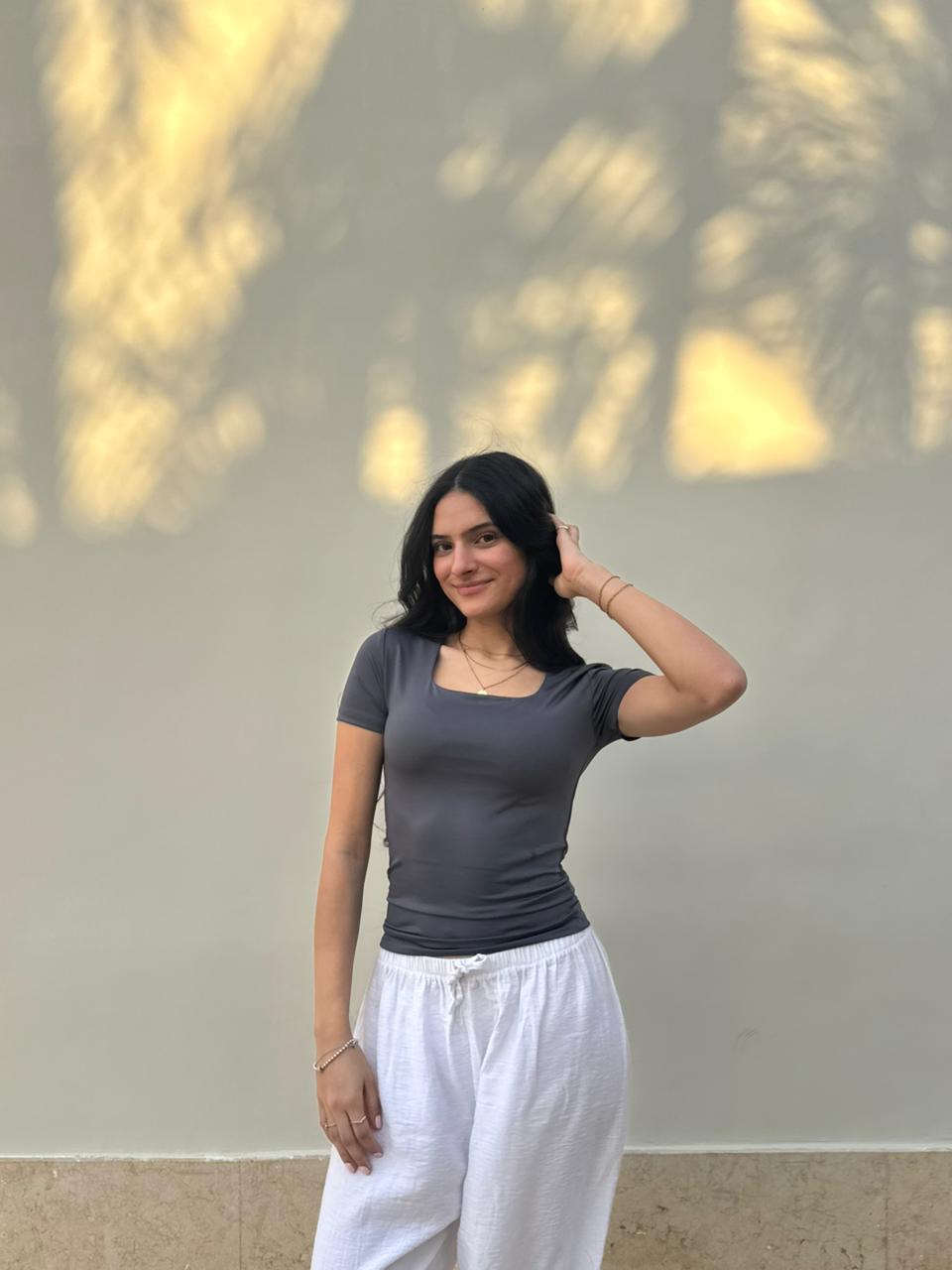 Square-Neck Short Sleeve Top - Charcoal