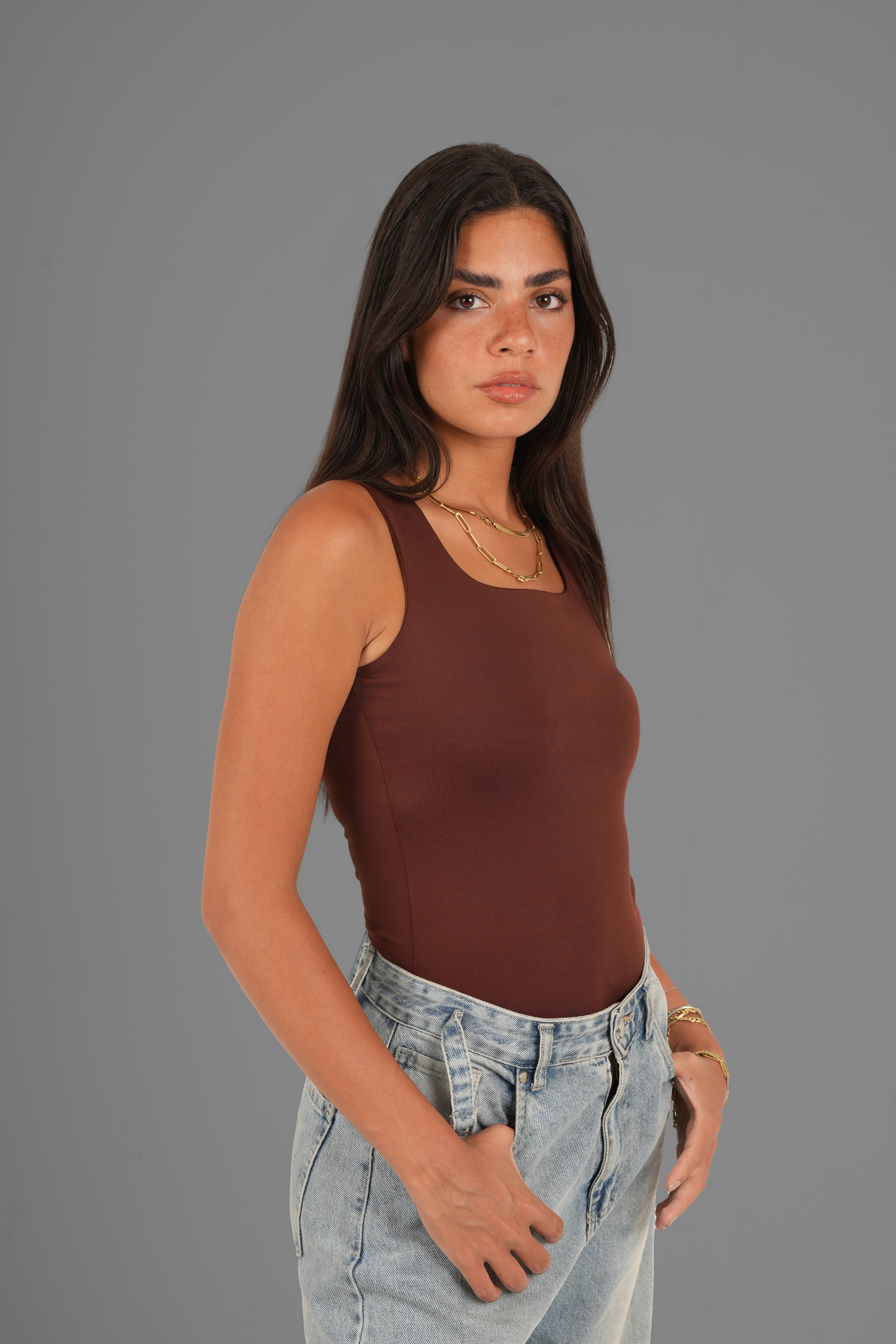 Square-Neck Tank Top - Brown