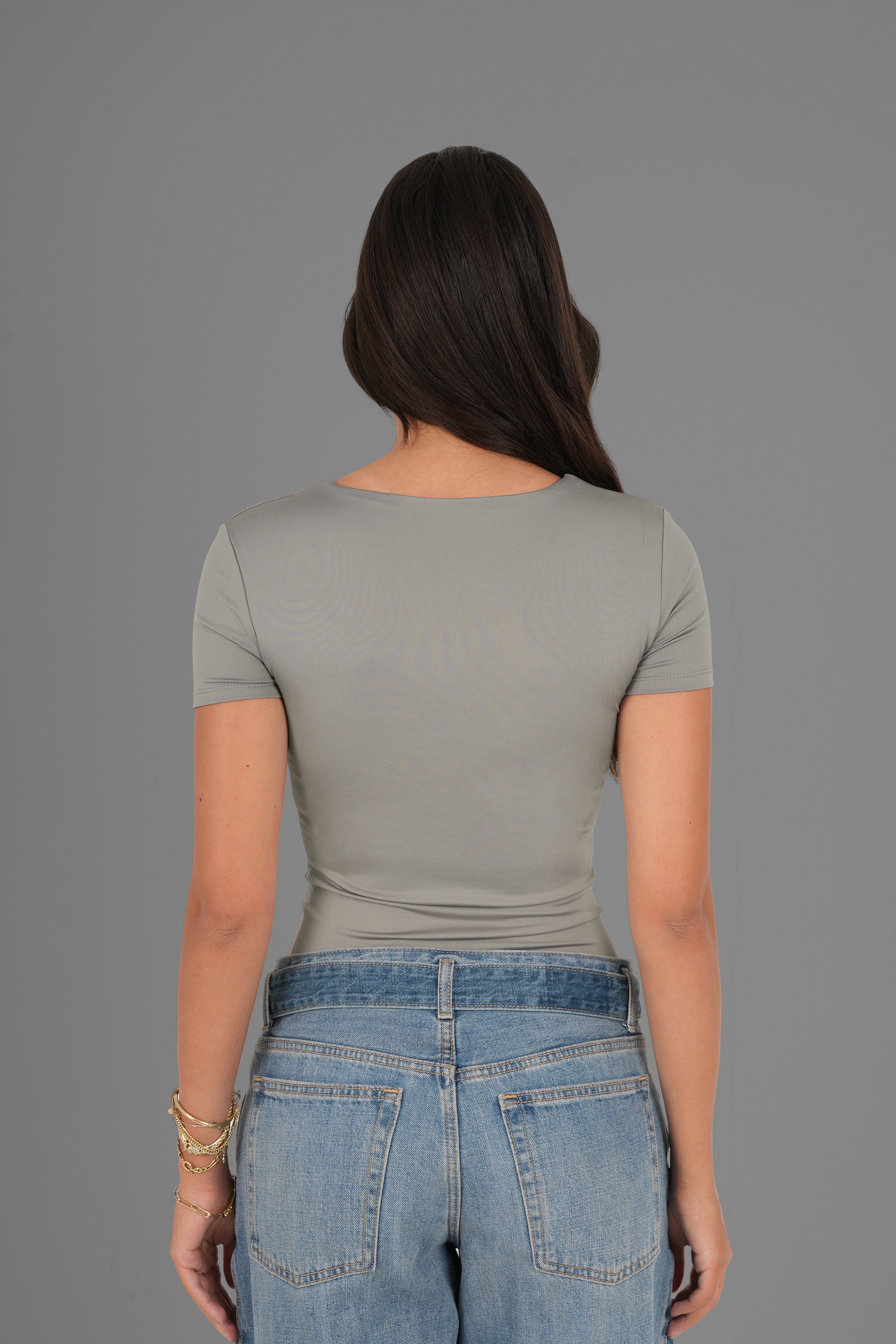 Square-Neck Short Sleeve Top - Grey