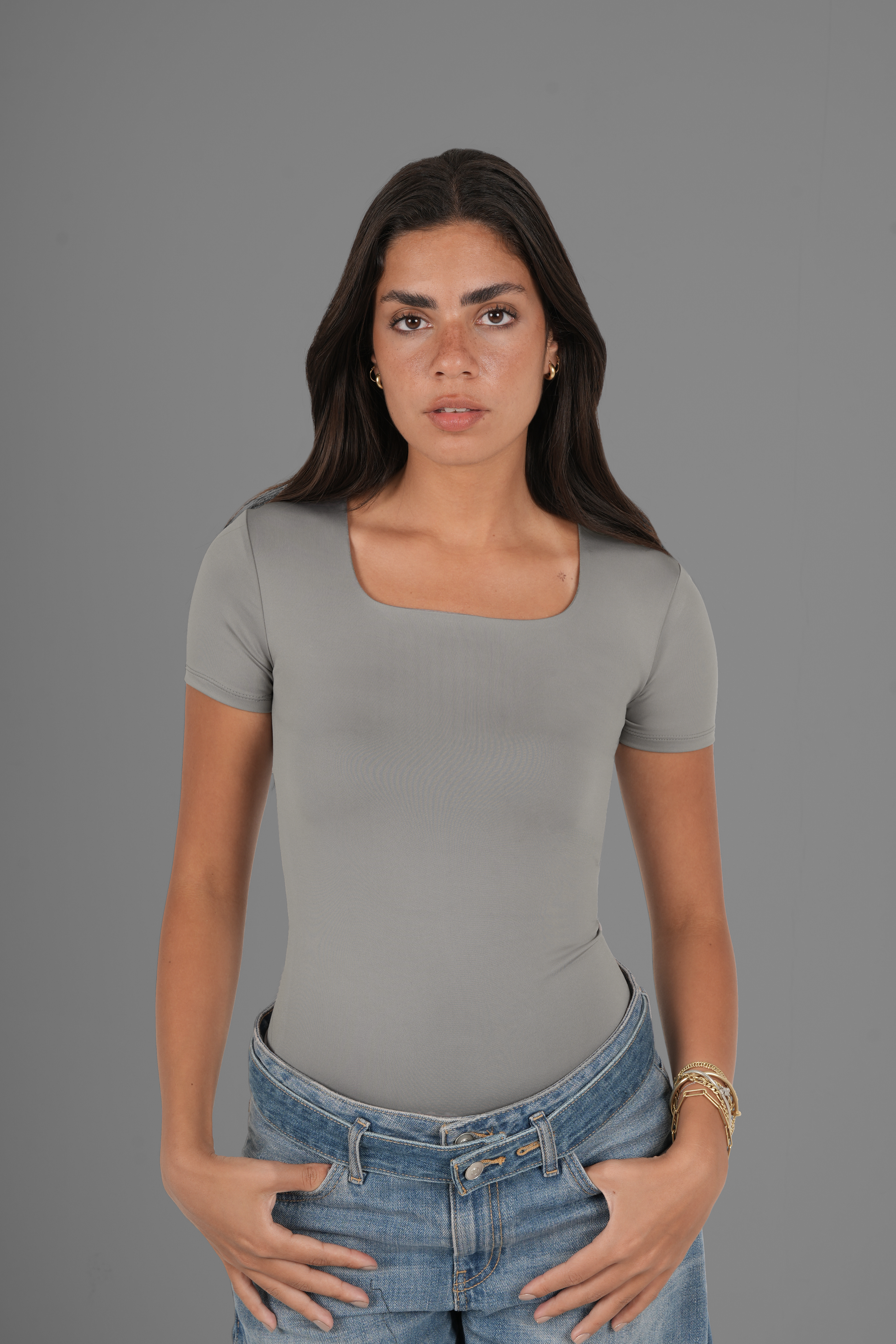 Square-Neck Short Sleeve Top - Grey